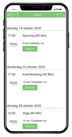 De boekingswidget op een telefoon: een rooster met lessen en een Boek nu-knop per les