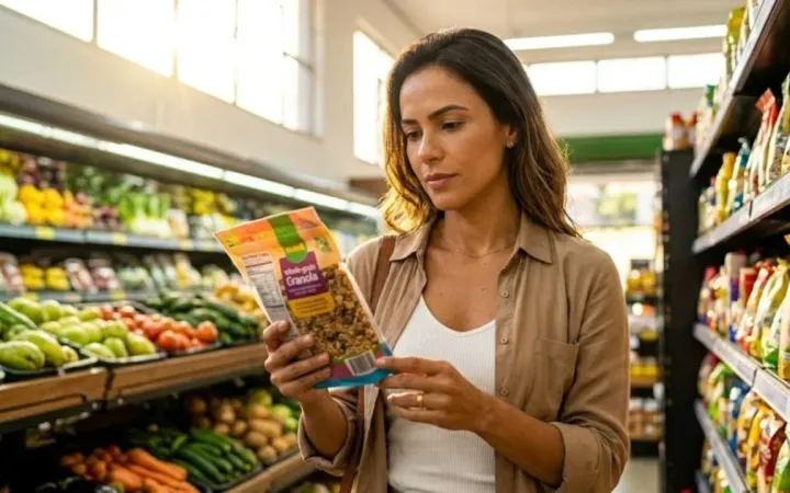 Een vrouw in de supermarkt bekijkt de verpakking en het etiket van een pak granola.