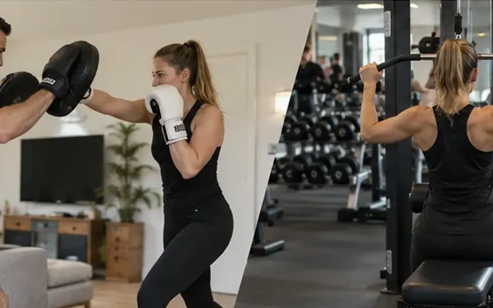 Links begeleidt een personal trainer een klant thuis bij boksen met stootkussens, rechts traint iemand zelfstandig aan een lat pulldown-apparaat in een sportschool.