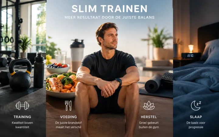 Vier pijlers van slim trainen: training, voeding, herstel en slaap, met een sporter die na het trainen buiten rust.